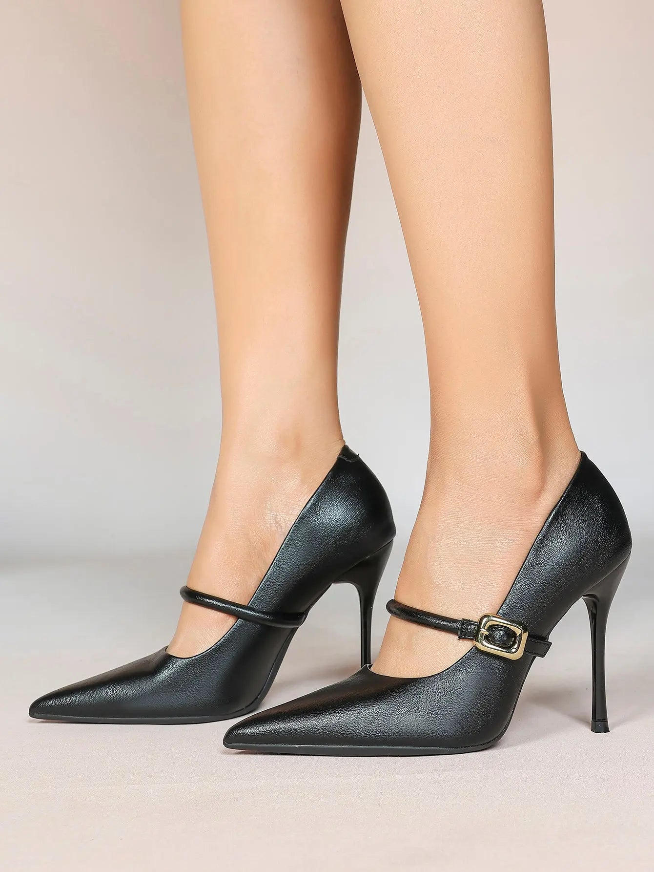 Women's Leather Stiletto Heels 4.13 Inch Pointed Toe Strap Pumps Shoes with Buckle for Casual Office YISHIFAN