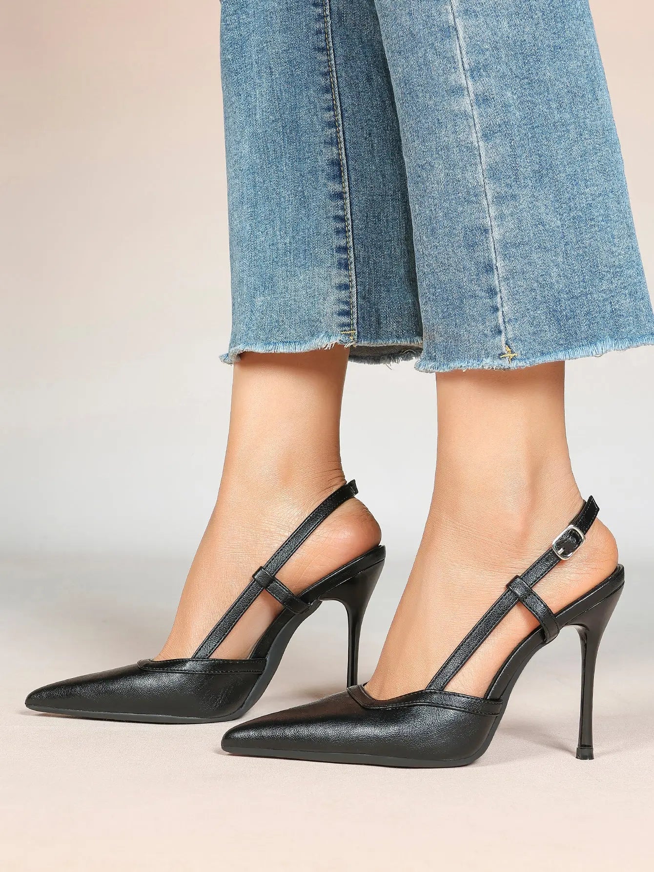 Women's Black Leather High-Heel Sandals Pointed Toe Stiletto Heels Office with for Wedding Party YISHIFAN