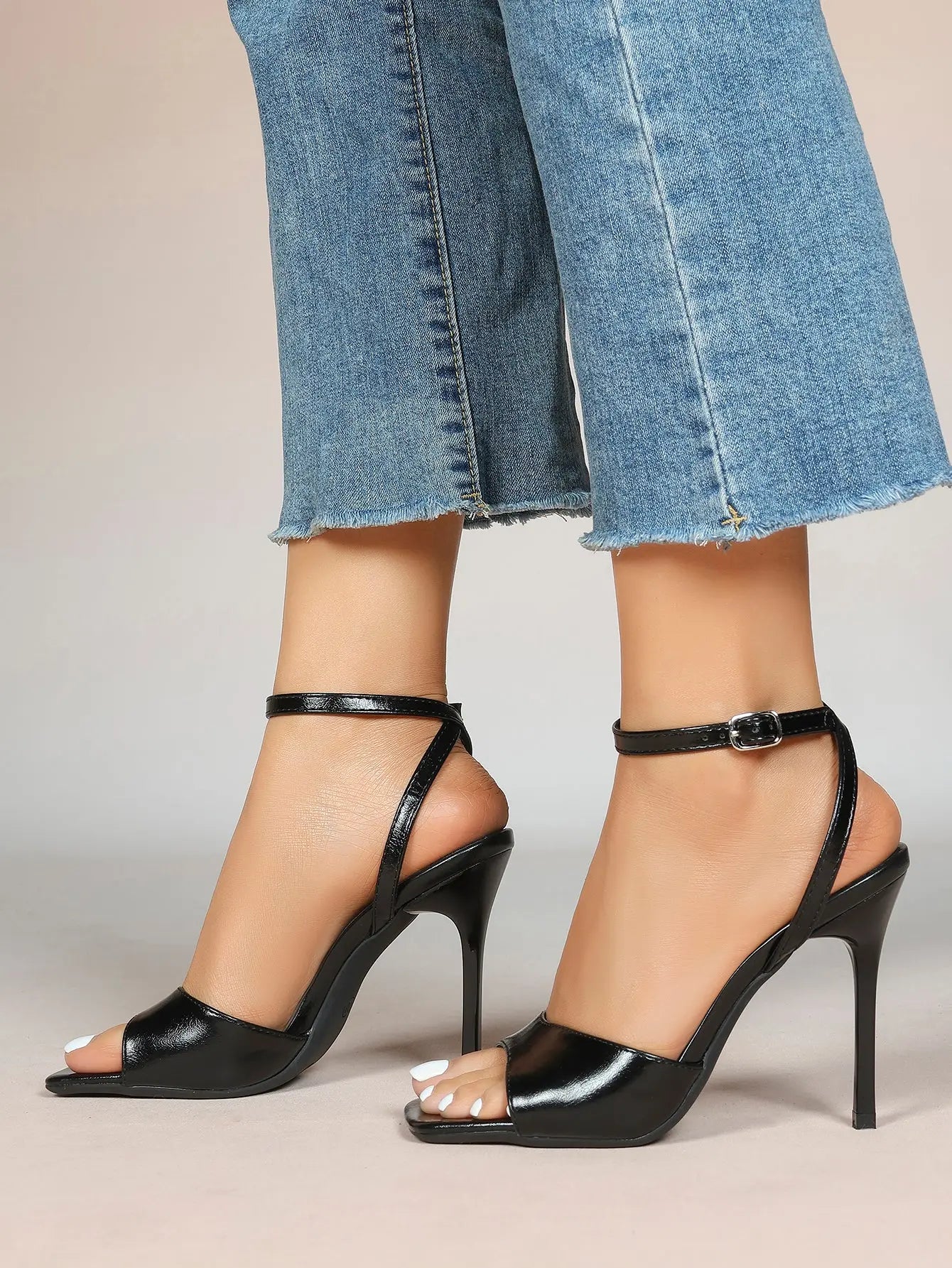 Women's Stiletto Heels 4.13 Inch Square Toe Ankle Strap Sandals Wedding Party Office Dress Shoes YISHIFAN