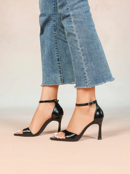 Women's Black High-Heel Sandals 3.74 Inch Stiletto Heels with Adjustable Ankle Strap for Wedding Party Casual YISHIFAN