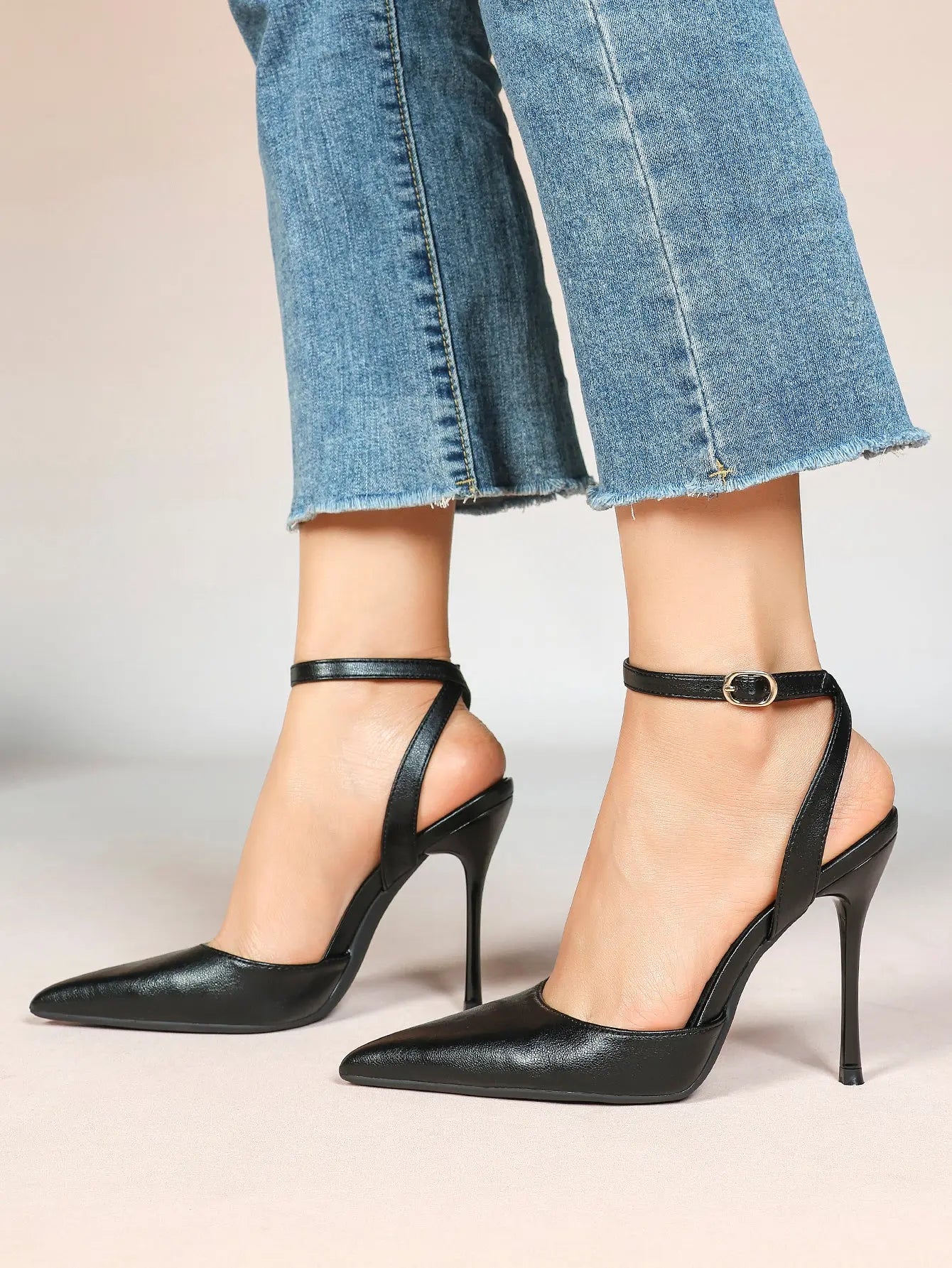 Women's Leather 4.13 INCH High-Heel Stiletto Pointed Toe Slingback Stiletto Heels for Elegant Scene YISHIFAN