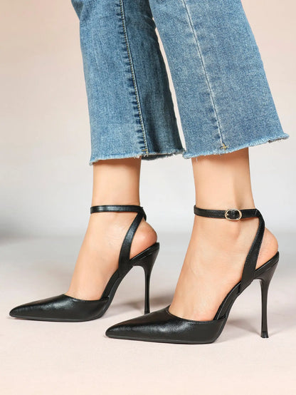 Women's Leather 4.13 INCH High-Heel Stiletto Pointed Toe Slingback Stiletto Heels for Elegant Scene YISHIFAN