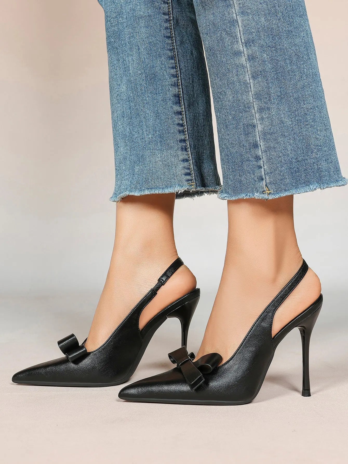 Women's Leather Bowknot High-Heel Closed Toe Pointed Toe Slingback Stiletto Heels Top-quality Shoes YISHIFAN