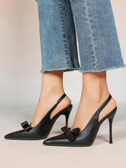 Women's Leather Bowknot High-Heel Closed Toe Pointed Toe Slingback Stiletto Heels Top-quality Shoes YISHIFAN