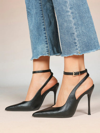 Women's Dark Brown Ankle Strap Pointed Toe High-Heel Sandals Wedding Party Evening Dress Shoes YISHIFAN