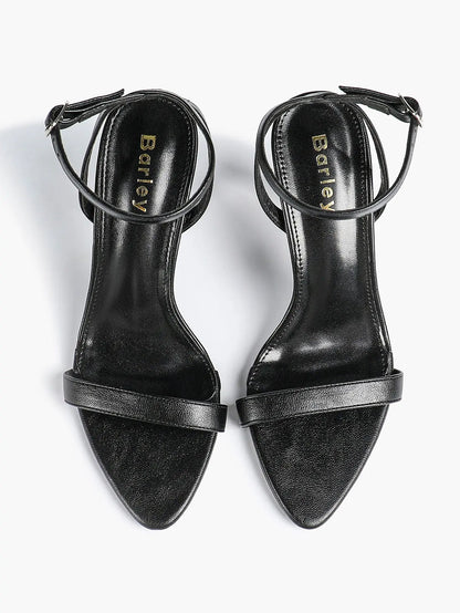 Women Leather High-Heel Sandals Pointed Toe Open Back Stiletto Heels Office Dress Shoes YISHIFAN