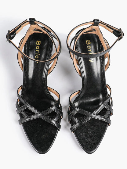 Leather Stiletto Heels for Women Open Pointed Toe Cross Ankle Strap Sandals for Wedding Party YISHIFAN