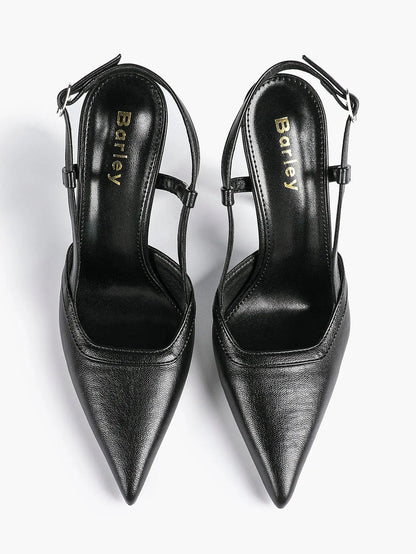 Women's Black Leather High-Heel Sandals Pointed Toe Stiletto Heels Office with for Wedding Party YISHIFAN