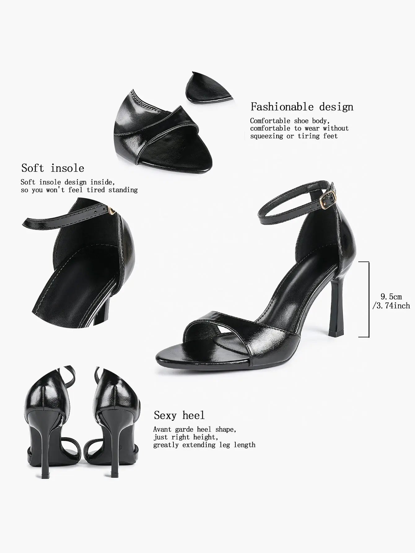 Women's Black High-Heel Sandals 3.74 Inch Stiletto Heels with Adjustable Ankle Strap for Wedding Party Casual YISHIFAN