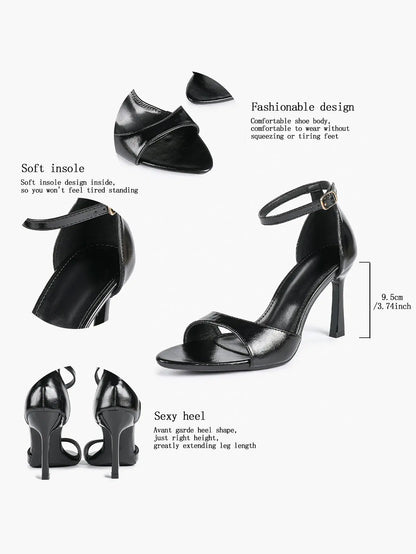 Women's Black High-Heel Sandals 3.74 Inch Stiletto Heels with Adjustable Ankle Strap for Wedding Party Casual YISHIFAN