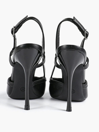 Women's Black Leather High-Heel Sandals Pointed Toe Stiletto Heels Office with for Wedding Party YISHIFAN