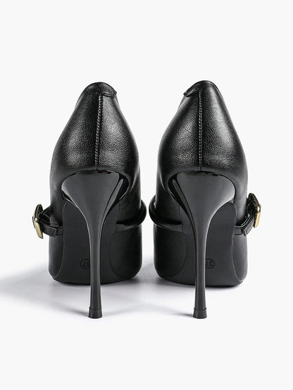 Women's Leather Stiletto Heels 4.13 Inch Pointed Toe Strap Pumps Shoes with Buckle for Casual Office YISHIFAN