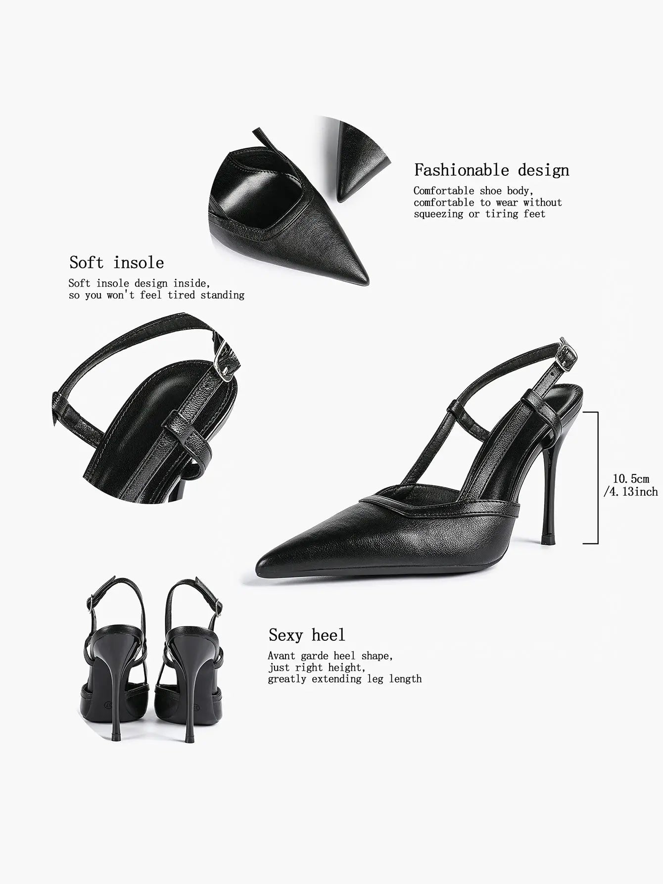 Women's Black Leather High-Heel Sandals Pointed Toe Stiletto Heels Office with for Wedding Party YISHIFAN