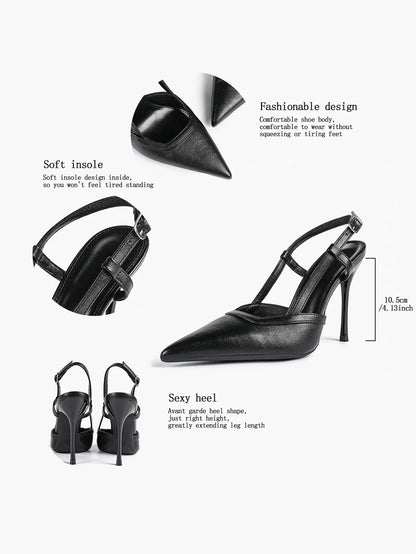 Women's Black Leather High-Heel Sandals Pointed Toe Stiletto Heels Office with for Wedding Party YISHIFAN