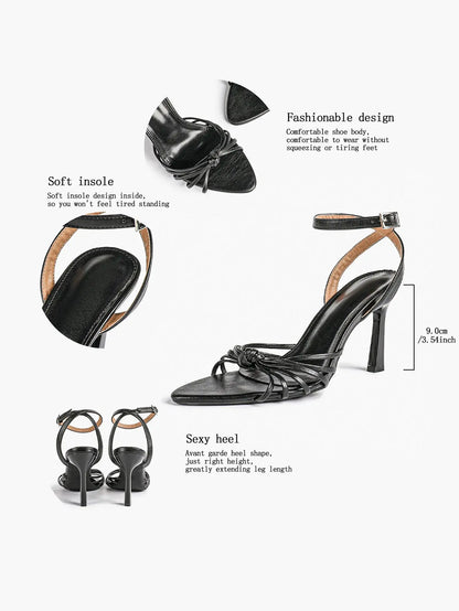 Women's Black Stiletto Heels 3.54 Inch Crisscross Strap Sandals Wedding Party Evening Dress Shoes YISHIFAN