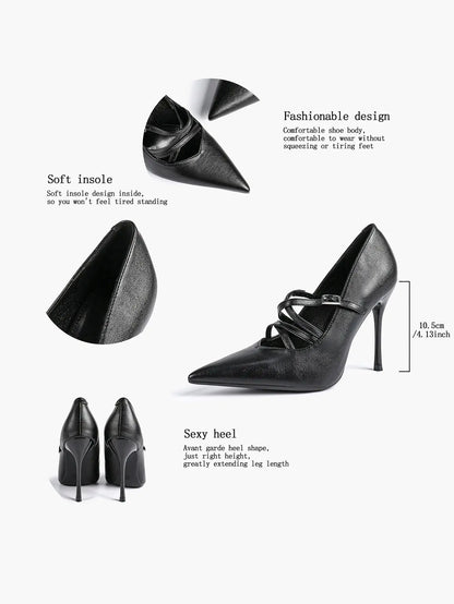 Burgundy Leather Stiletto Heels Sharp Pointed Toe Cross Strap Pump 4.13 INCH for Party Wedding Shoes YISHIFAN