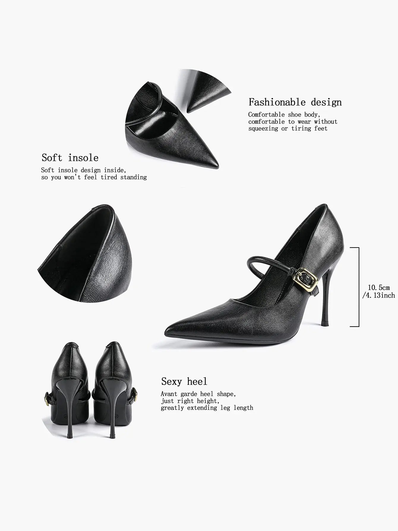 Women's Leather Stiletto Heels 4.13 Inch Pointed Toe Strap Pumps Shoes with Buckle for Casual Office YISHIFAN