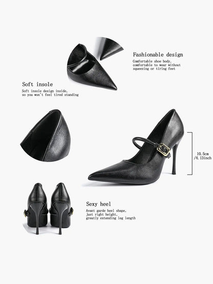 Women's Leather Stiletto Heels 4.13 Inch Pointed Toe Strap Pumps Shoes with Buckle for Casual Office YISHIFAN