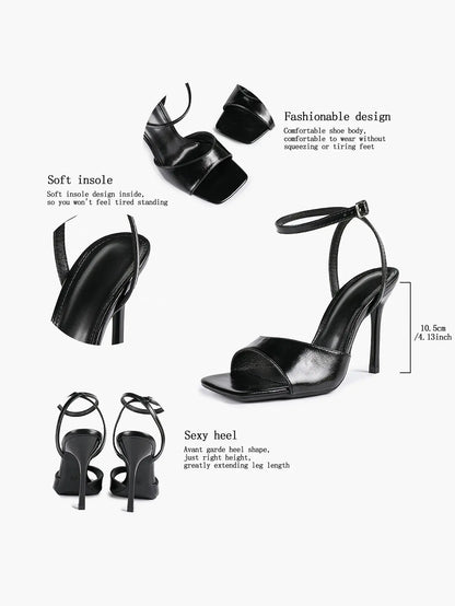 Women's Stiletto Heels 4.13 Inch Square Toe Ankle Strap Sandals Wedding Party Office Dress Shoes YISHIFAN