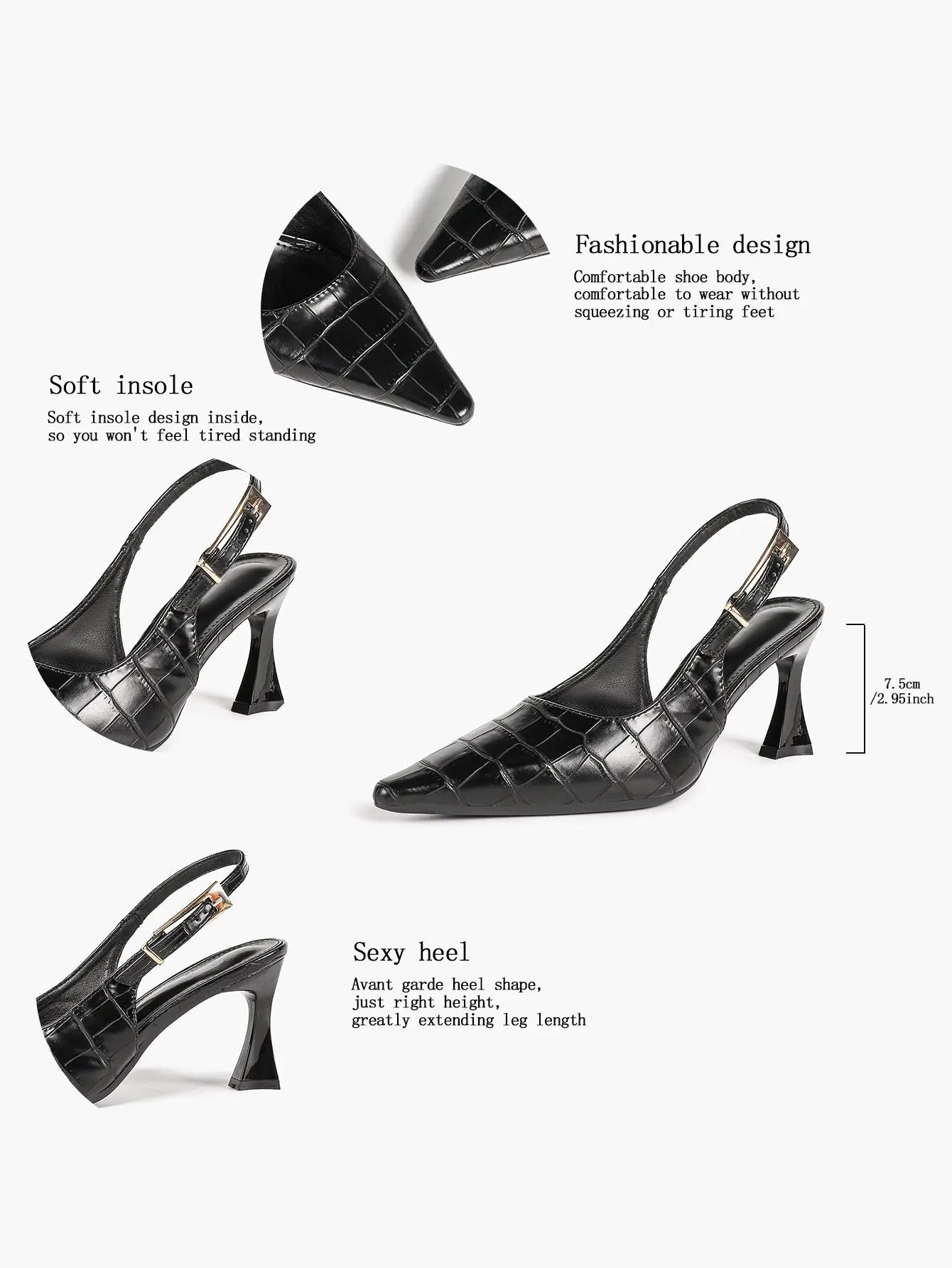 Women's Crocodile Embossed Slingback Pumps Pointed Toe Chunky High Heels Dress Shoes with Adjustable Buckle Strap YISHIFAN
