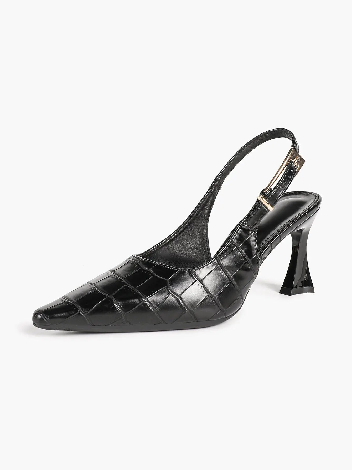 Women's Crocodile Embossed Slingback Pumps Pointed Toe Chunky High Heels Dress Shoes with Adjustable Buckle Strap YISHIFAN