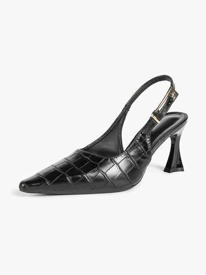Women's Crocodile Embossed Slingback Pumps Pointed Toe Chunky High Heels Dress Shoes with Adjustable Buckle Strap YISHIFAN