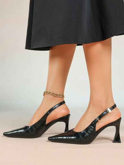 Women's Crocodile Embossed Slingback Pumps Pointed Toe Chunky High Heels Dress Shoes with Adjustable Buckle Strap YISHIFAN