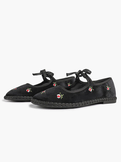 Women's Velvet Mary Jane Ballet Flat Shoes with Bow Straps YISHIFAN