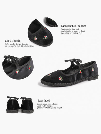 Women's Velvet Mary Jane Ballet Flat Shoes with Bow Straps YISHIFAN