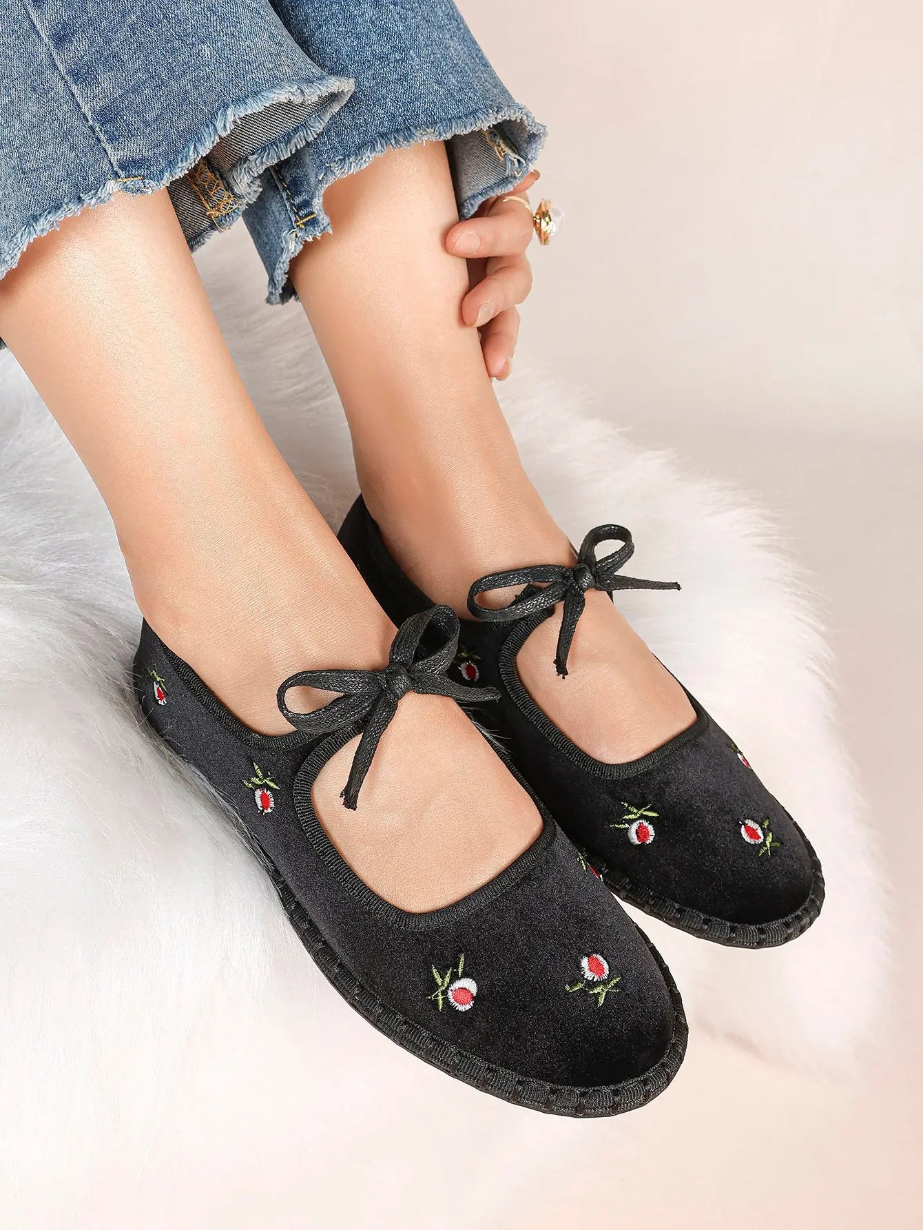 Women's Velvet Mary Jane Ballet Flat Shoes with Bow Straps YISHIFAN