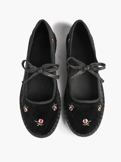 Women's Velvet Mary Jane Ballet Flat Shoes with Bow Straps YISHIFAN