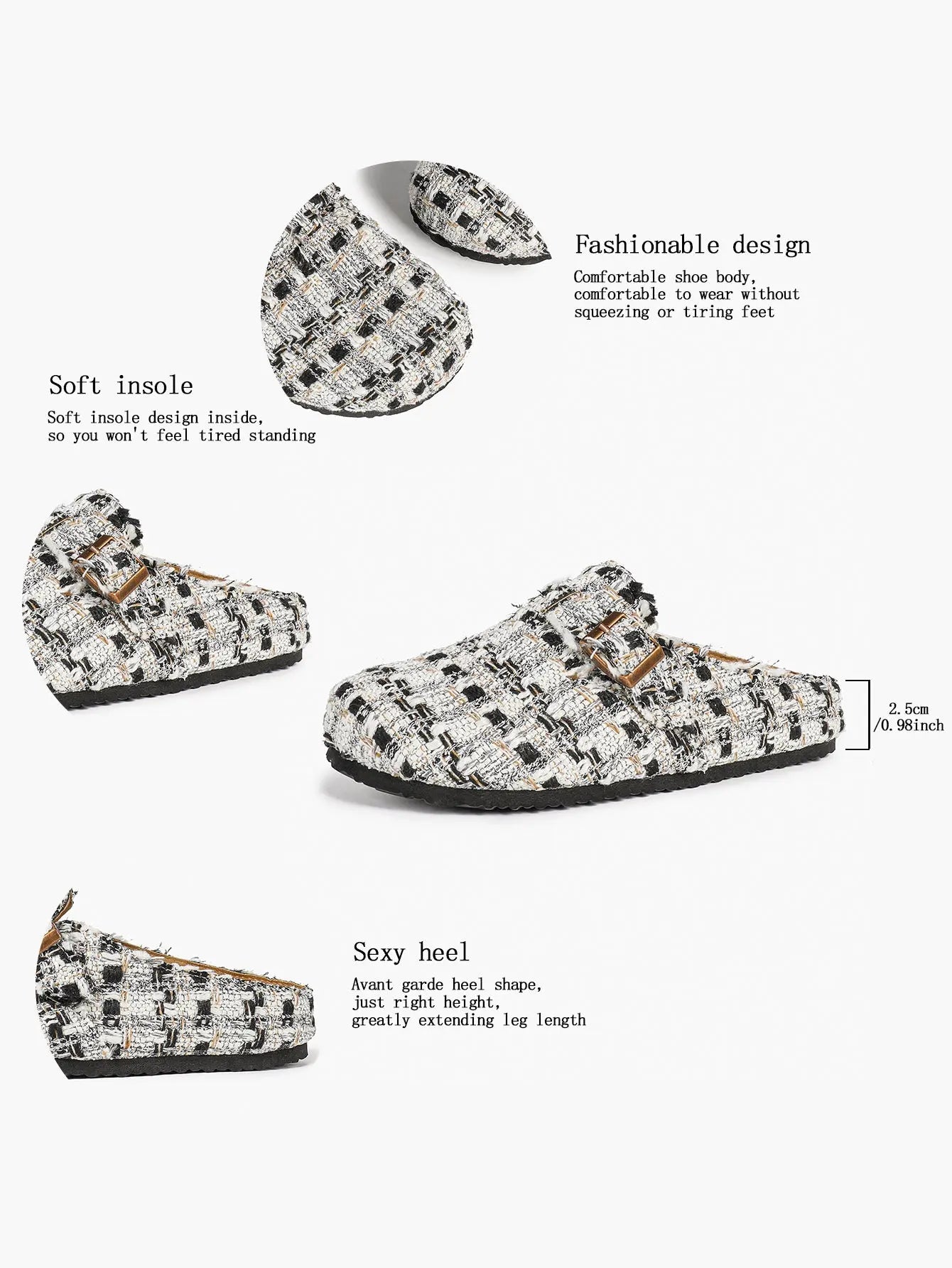 Black & White Tweed Fringe Boston Clogs – Women's Closed Toe Buckle Mule in Chanel-Style Fabric YISHIFAN