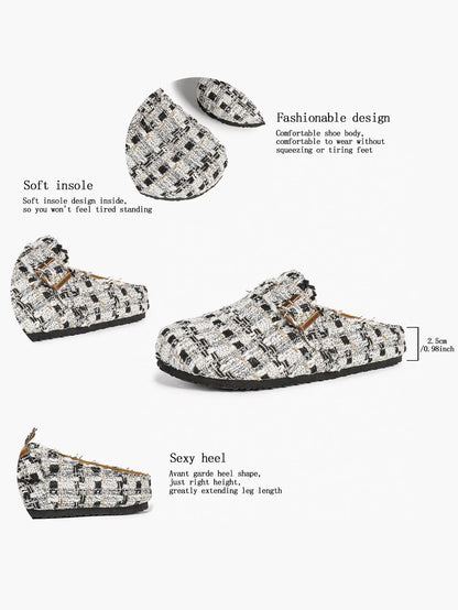 Black & White Tweed Fringe Boston Clogs – Women's Closed Toe Buckle Mule in Chanel-Style Fabric YISHIFAN