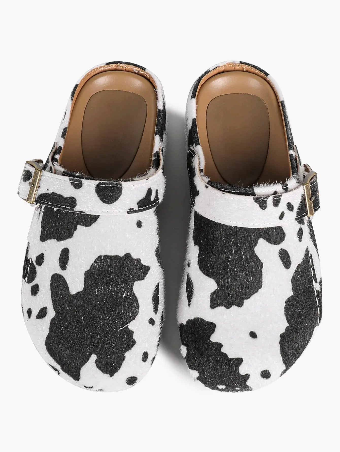 Black & White Cow Print Faux Pony Hair Boston Clogs – Women's Platform Closed Toe Mule with Gold Buckle YISHIFAN