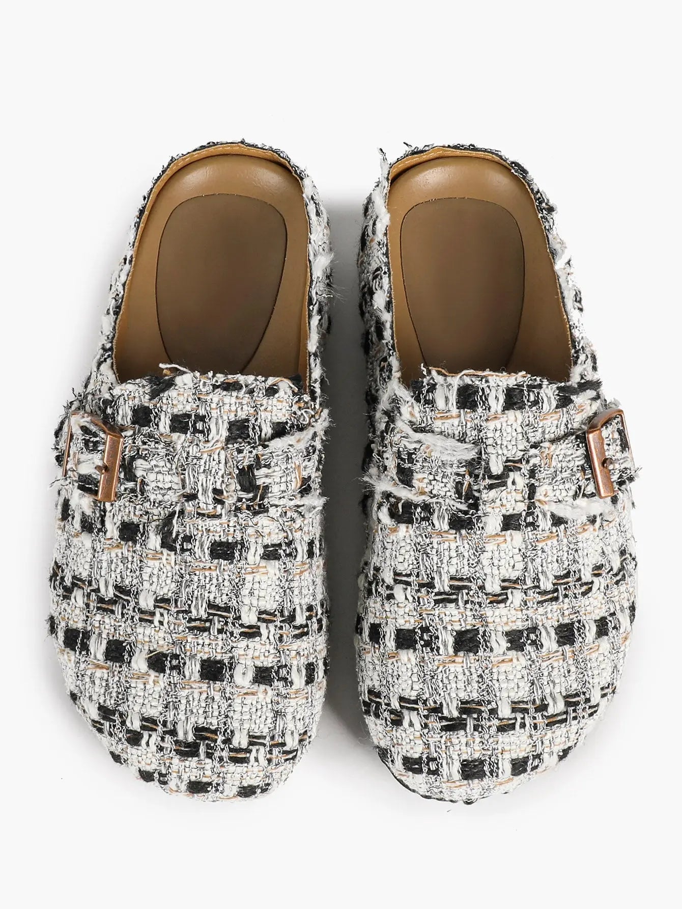 Black & White Tweed Fringe Boston Clogs – Women's Closed Toe Buckle Mule in Chanel-Style Fabric YISHIFAN