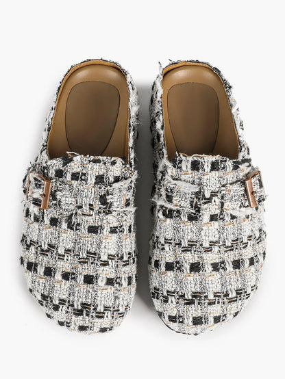 Black & White Tweed Fringe Boston Clogs – Women's Closed Toe Buckle Mule in Chanel-Style Fabric YISHIFAN
