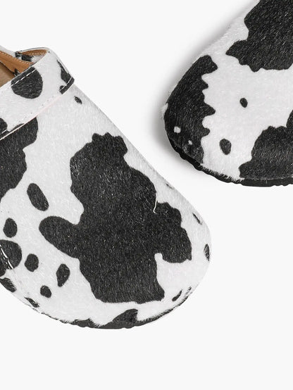 Black & White Cow Print Faux Pony Hair Boston Clogs – Women's Platform Closed Toe Mule with Gold Buckle YISHIFAN
