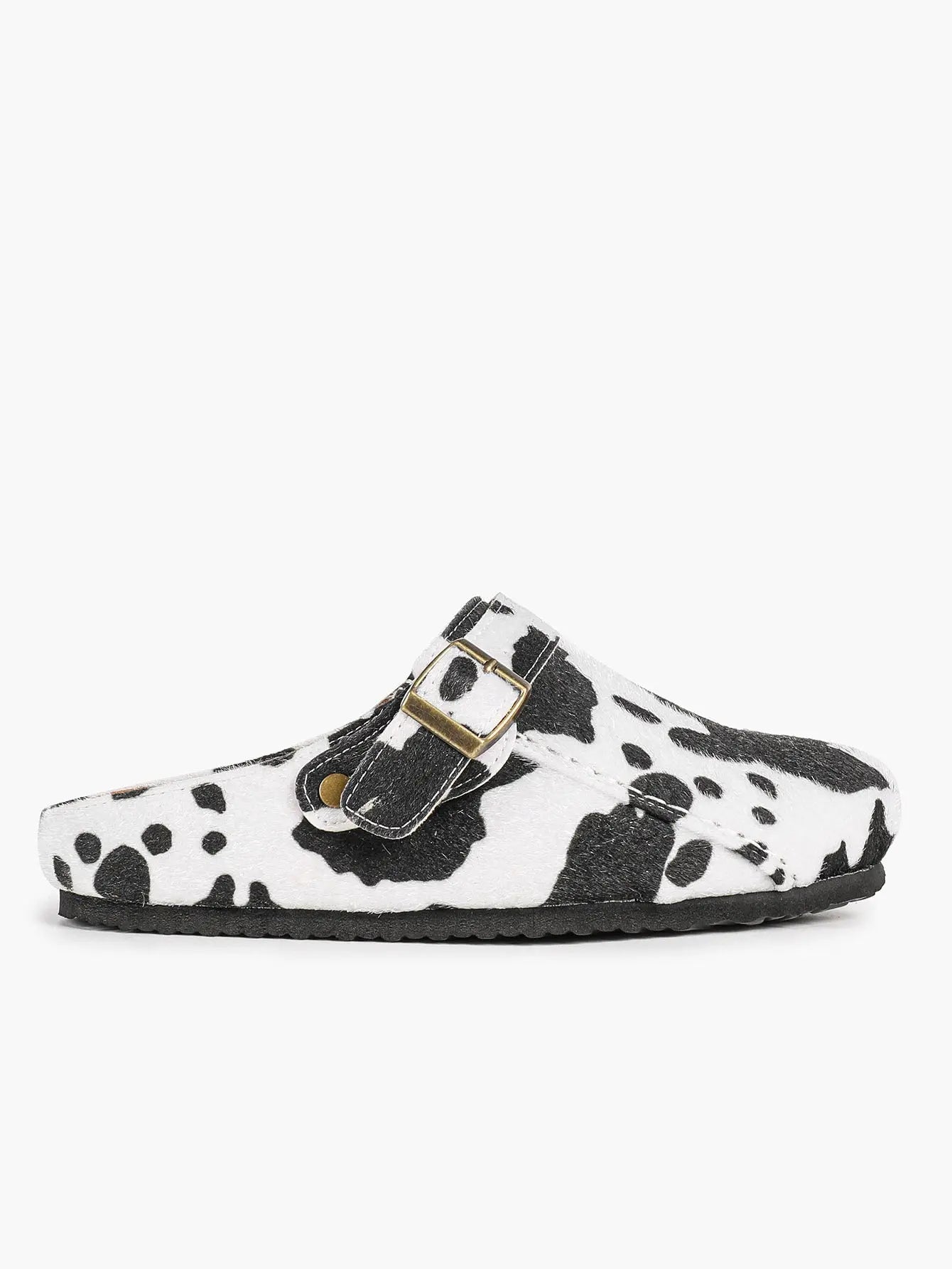 Black & White Cow Print Faux Pony Hair Boston Clogs – Women's Platform Closed Toe Mule with Gold Buckle YISHIFAN