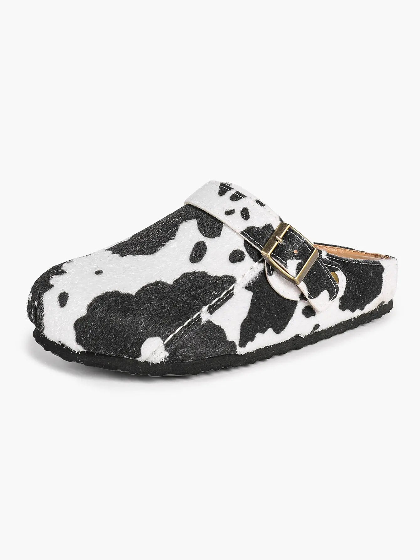 Black & White Cow Print Faux Pony Hair Boston Clogs – Women's Platform Closed Toe Mule with Gold Buckle YISHIFAN