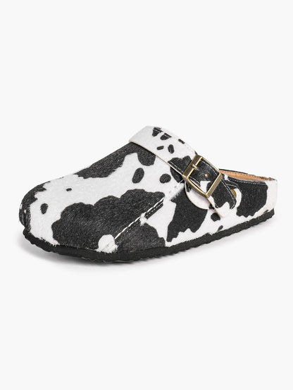 Black & White Cow Print Faux Pony Hair Boston Clogs – Women's Platform Closed Toe Mule with Gold Buckle YISHIFAN