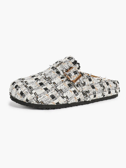 Black & White Tweed Fringe Boston Clogs – Women's Closed Toe Buckle Mule in Chanel-Style Fabric YISHIFAN