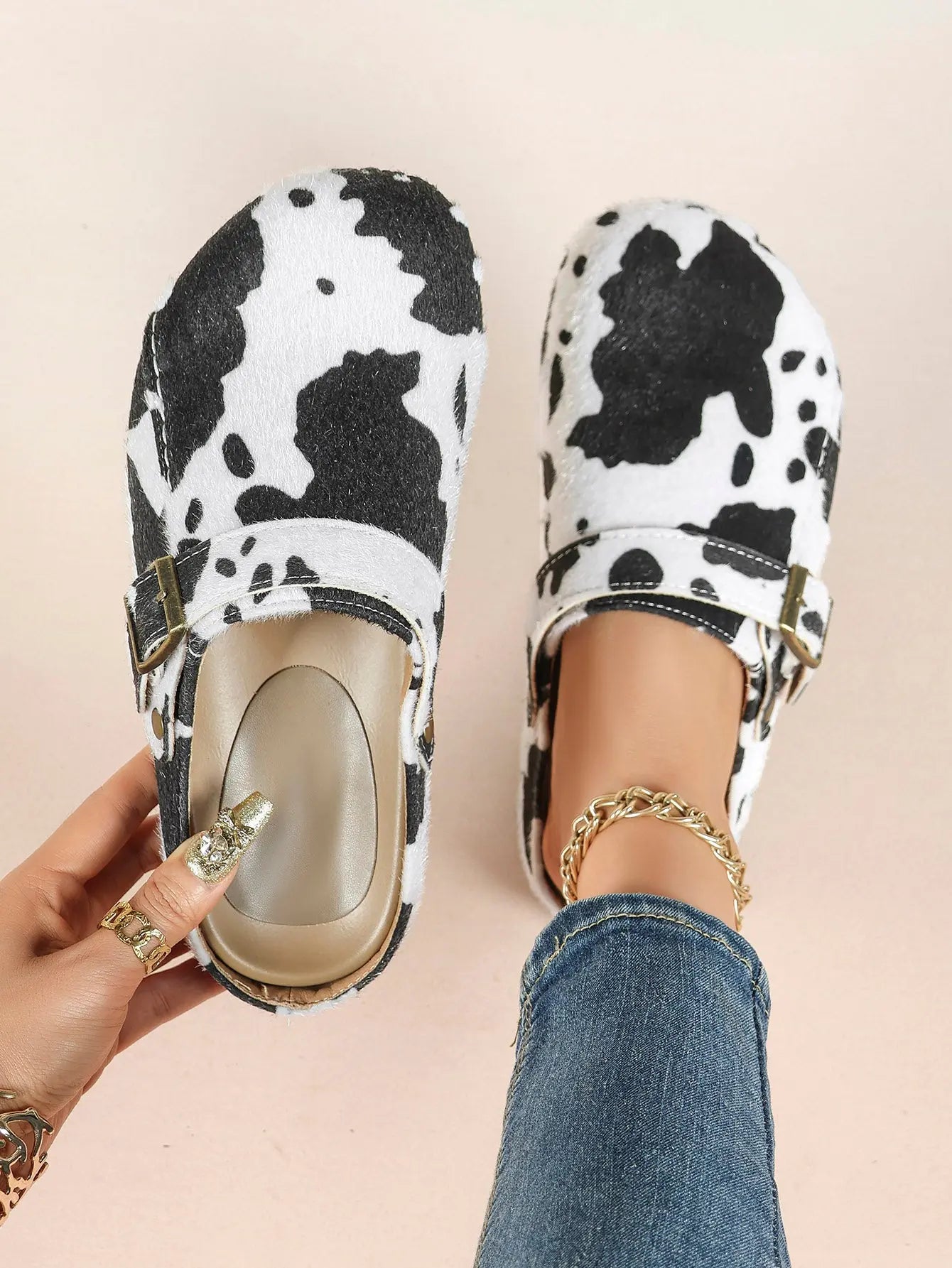 Black & White Cow Print Faux Pony Hair Boston Clogs – Women's Platform Closed Toe Mule with Gold Buckle YISHIFAN