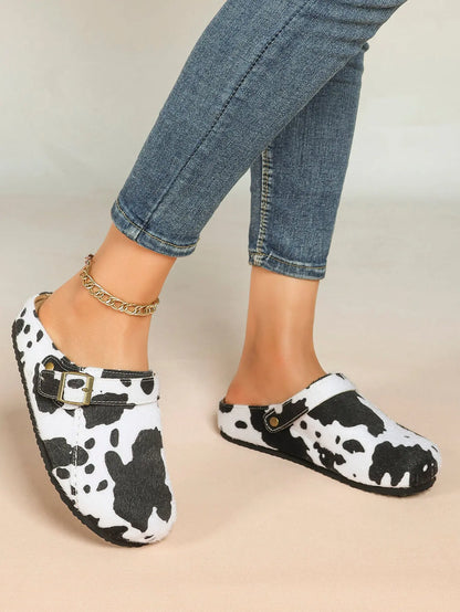 Black & White Cow Print Faux Pony Hair Boston Clogs – Women's Platform Closed Toe Mule with Gold Buckle YISHIFAN