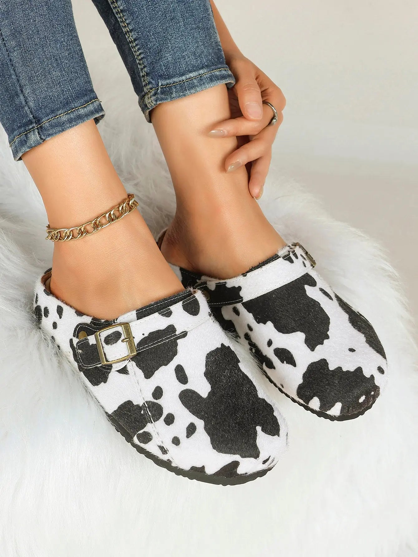 Black & White Cow Print Faux Pony Hair Boston Clogs – Women's Platform Closed Toe Mule with Gold Buckle YISHIFAN