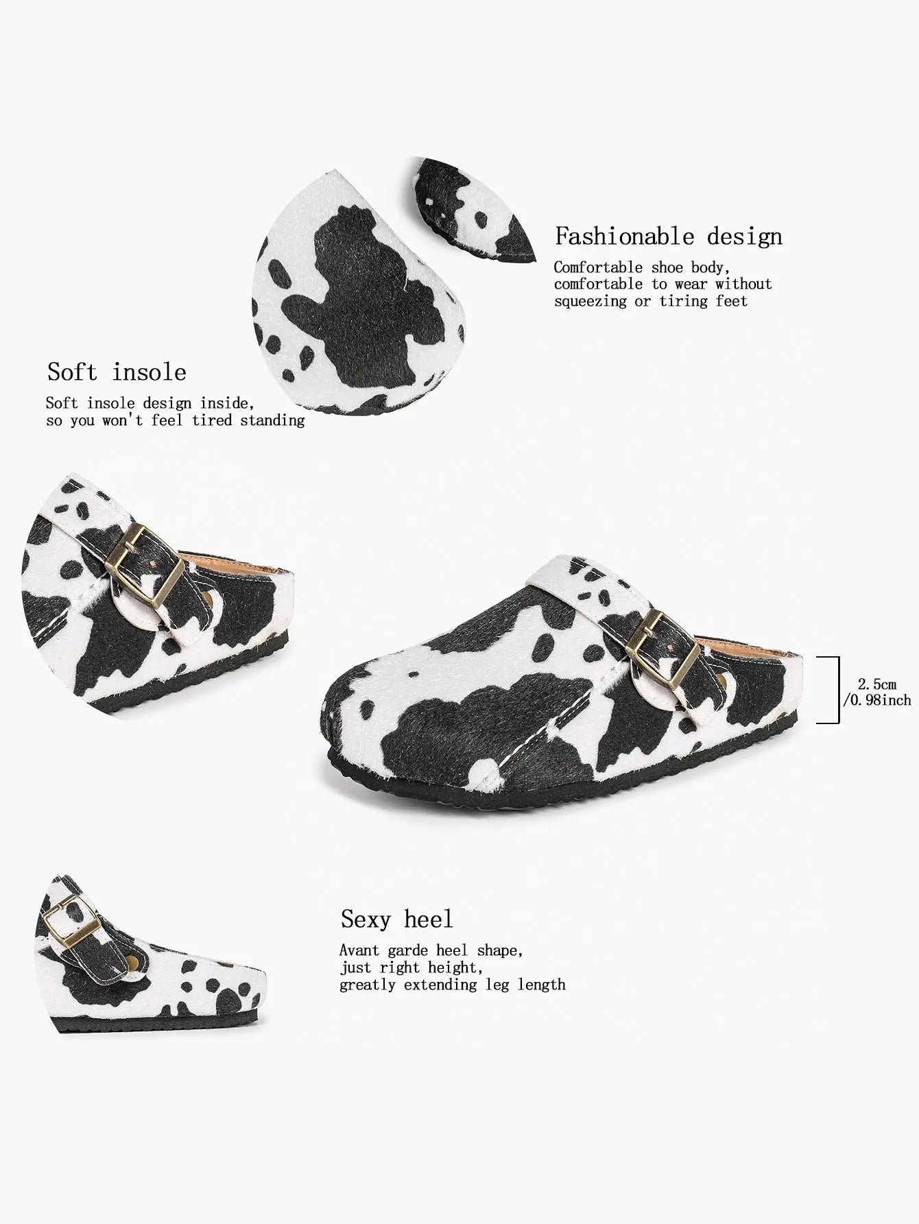 Black & White Cow Print Faux Pony Hair Boston Clogs – Women's Platform Closed Toe Mule with Gold Buckle YISHIFAN
