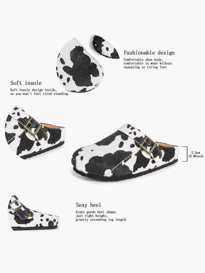 Black & White Cow Print Faux Pony Hair Boston Clogs – Women's Platform Closed Toe Mule with Gold Buckle YISHIFAN
