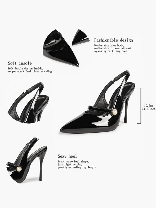 Women's Pointed Toe Slingback Stiletto Pumps Mary Jane High Heels with Pearl Accent YISHIFAN