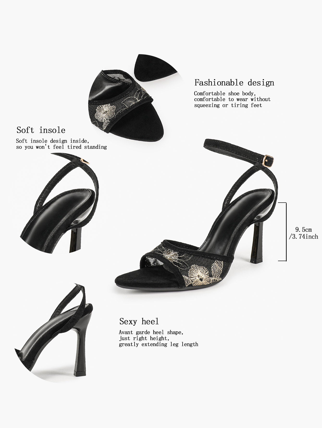 Cream Suede Trim Floral Sequin Strap Heels Ankle Buckle Pointed Open Toe Stilettos Chic Date Night Shoes