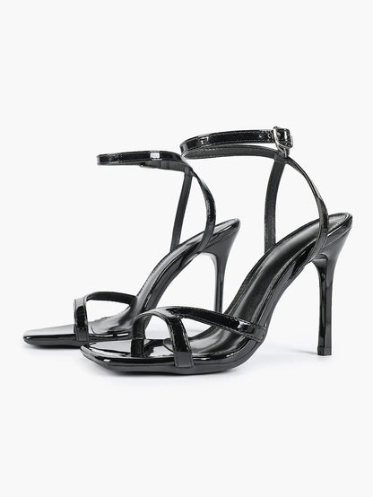 Women's Leather Adjustable Ankle Strap Stiletto Heels High Heels 4.13 Inch Heel Open Square Toe Sandals YISHIFAN