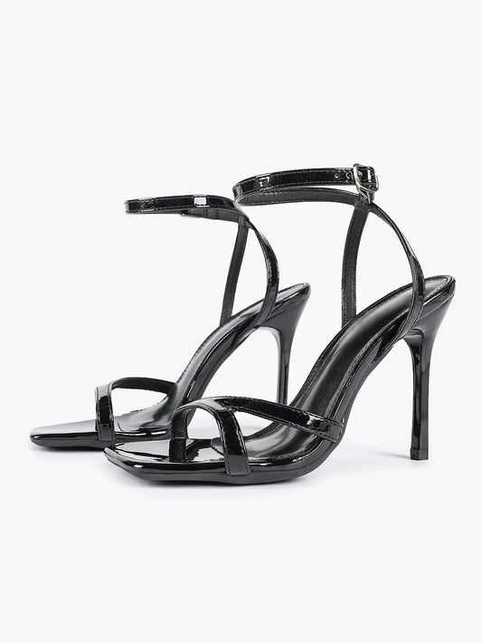 Women's Leather Adjustable Ankle Strap Stiletto Heels High Heels 4.13 Inch Heel Open Square Toe Sandals YISHIFAN